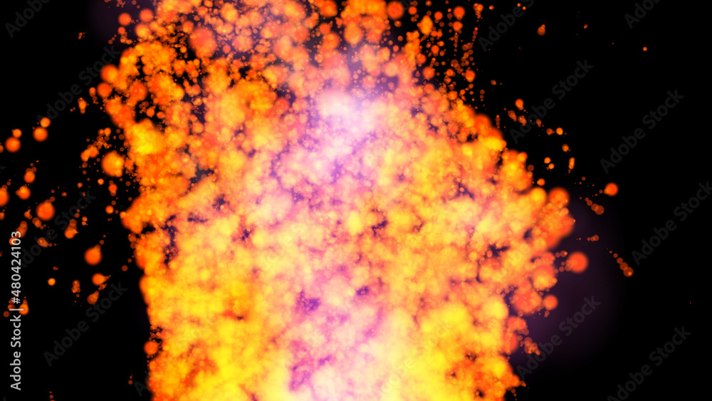 Abstract movement of flames and fiery particles in infinite space. 3D. 4K. Isolated black background.