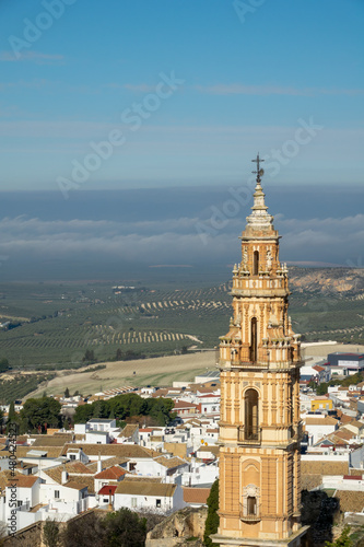 Vertical view of the Torre de la Victoria (national monument) from the hill of San Cristobal, in one of the most beautiful villages of Seville (Spain)