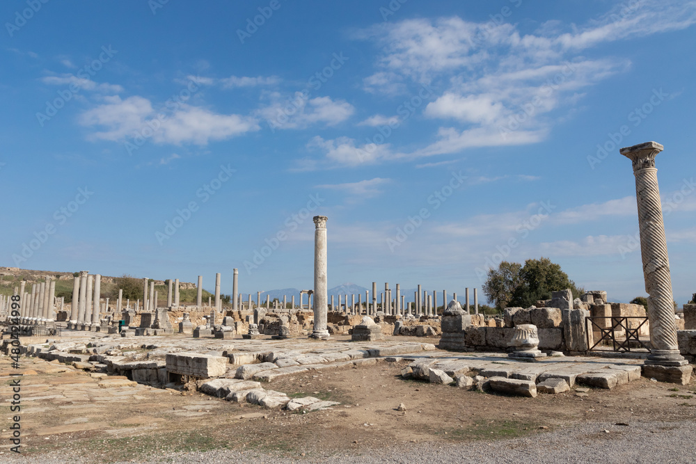 The ancient city of the Roman Empire of Perge in Turkey. Antalya, Turkey. Ruins of an ancient city