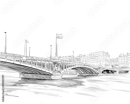 France. Lyon. Pont Wilson. Hand drawn sketch. Vector illustration.