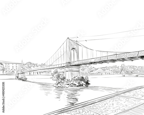 France. Lyon. Pedestrian bridge Parsel Saint Georges. Hand drawn sketch. Vector illustration.