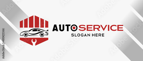 car automotive logo design in creative abstract style with building elements and wrench in hexagon. Fast and Speed logo template vector. automotive logo premium illustration vector