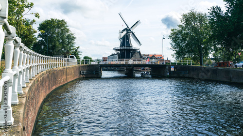 Windmill the Adriaan in the historical center of Haarlem city in the Netherlands