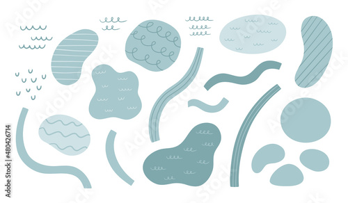 A set of hand drawn water elements. A simple lake, river, waves. Vector illustration