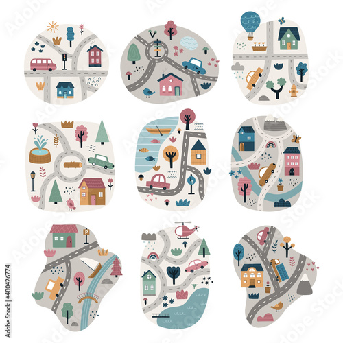 A set of cartoon city maps. Cute hand-drawn maps for nursery decor, poster, T-shirt print. Vector illustration in a flat style