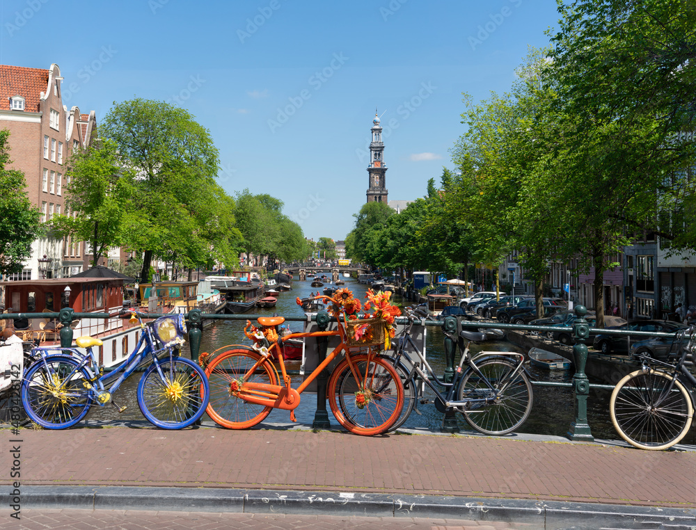 View over the Prinsengracht in the historic center of Amsterdam during summer
