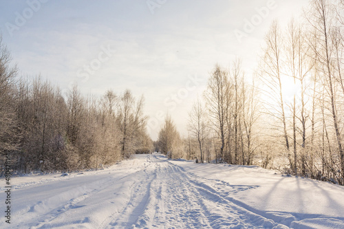 Snow covered road in the forest in winter © Тищенко Дмитрий