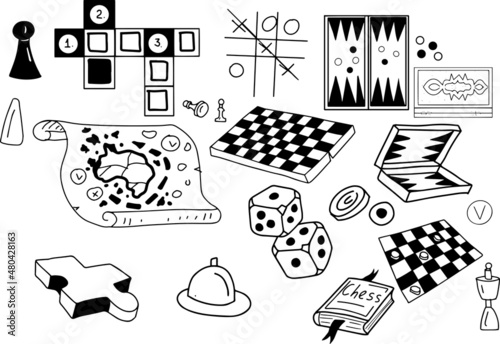 
board games chips cubes cards checkers chess dominoes doodle sketch hand drawn graphic illustration