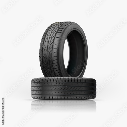 Car wheels set. New tires pile isolated on white. Wheel car. Car tire, aluminum wheels isolated on white background. Group of tires. Winter, summer kit. Auto wheel alloy disc. Tyre stacked up.