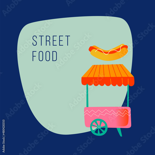 Vector illustration of a shopping mobile cart with hot dog street fast food on an isolated white background flat in a modern style