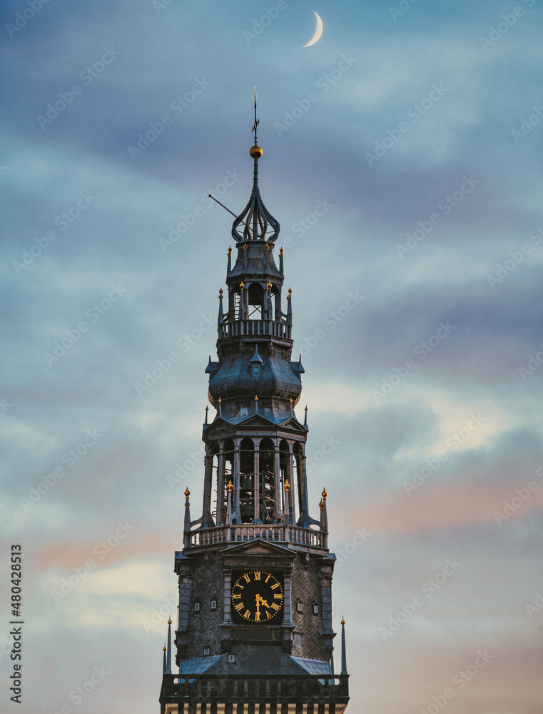 Close up of The Old Church, in city center of Amsterdam