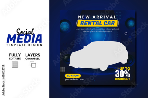 Rental car sale promotional poster and banner design template. Vehicle and transportation technology marketing flyer for Instagram and Facebook. 
