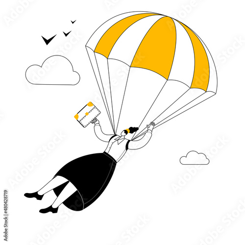 A woman in a business suit and carrying a briefcase descends by parachute. Vector two-color illustration on the topic of dismissal with guaranteed compensation.