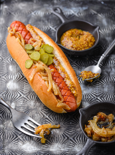 Hot dog with sausages. Traditional American fast food