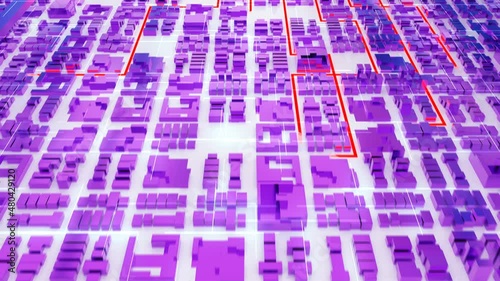 Fiber-optic Internet connection. Flight of the camera through the technological abstract city. Social network connections. 4k CG motion graphics animation.