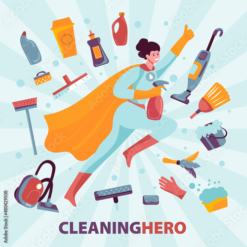 Vector flat hand drawn concept in trendy colors cleaning service worker in super heroin 
costume holds the spray with set of cleaning equipment objects on comic background.