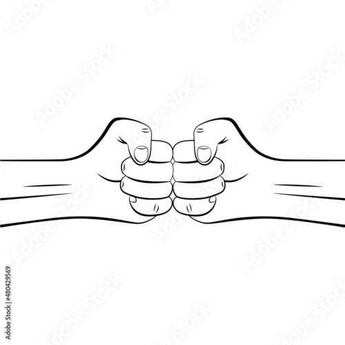 Two clenched male fists bumping together. Concept of conflict, confrontation, resistance, competition, struggle, unity. Vector outline illustration