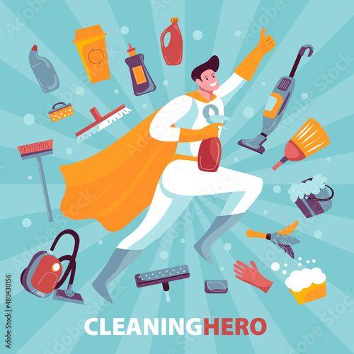 Vector flat hand drawn concept in trendy colors cleaning service worker in super hero 
costume holds the spray with set of cleaning equipment objects on 
comic background.