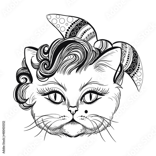 Cute girl cat with head scarf, hairstyle, vector illustration