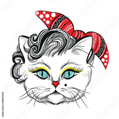 Cute girl cat with head scarf, hairstyle, vector illustration
