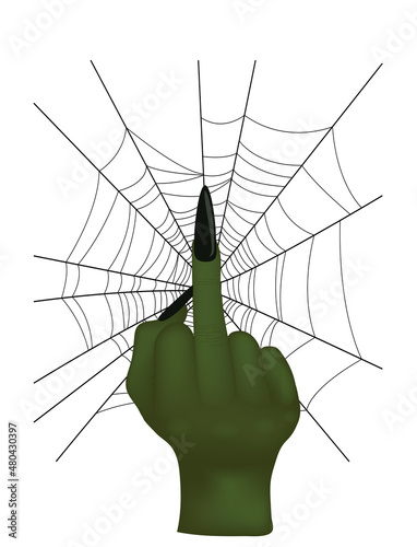 Female Witch middle finger hand and spider web, vector illustration