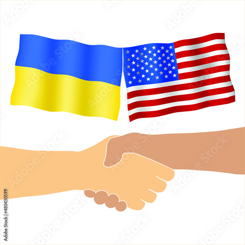 Friendly handshake on the background of two flags. Men handshake on the background of the Ukraine and US flag. Support concept.