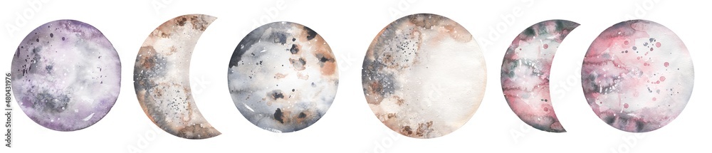 Obraz premium Forest Moon Illustration set, Watercolor Winter Crescent clipart, Celestial clip art, Galaxy poster, Lunar , Planet, Phases Moon, Wedding Invites, Logo