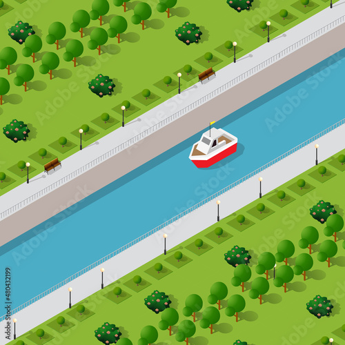 Isometric modern modern city with water river embankment