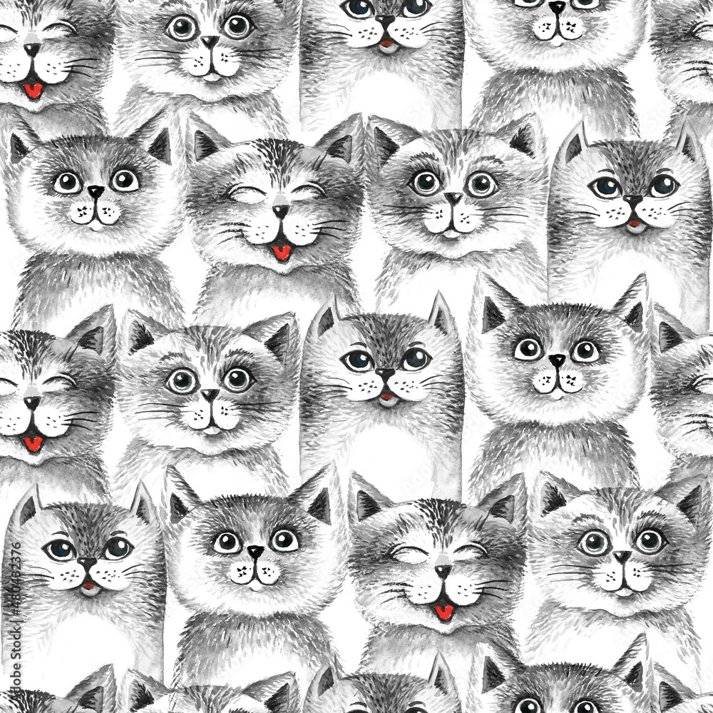 Fototapeta premium Cute cats, watercolor grey cats background illustration.