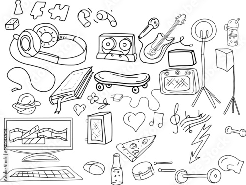 Skate, guitar, headphones sports music items for teenagers doodle hand drawn sketch
