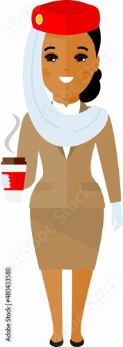 Flat cute cartoon stewardess of aircraft characters in air uniform.