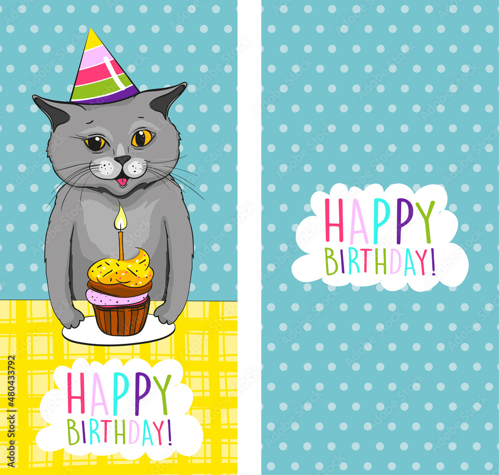 Cute cat illustration with birthday cake, happy birthday greeting card ...