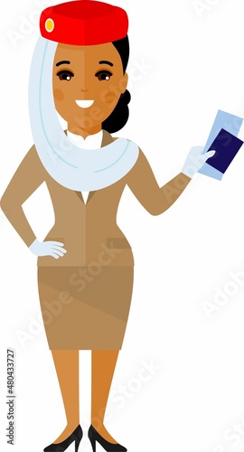 Flat cute cartoon stewardess of aircraft characters in air uniform.