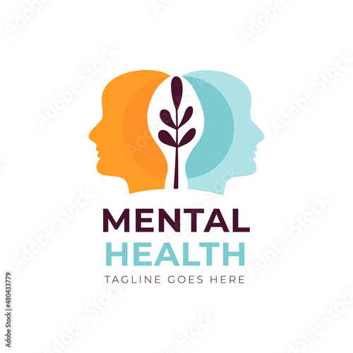 Vector flat psyhologic Mental Health logo in modern colors, the head with leaves 
growing on mind, isolated. 