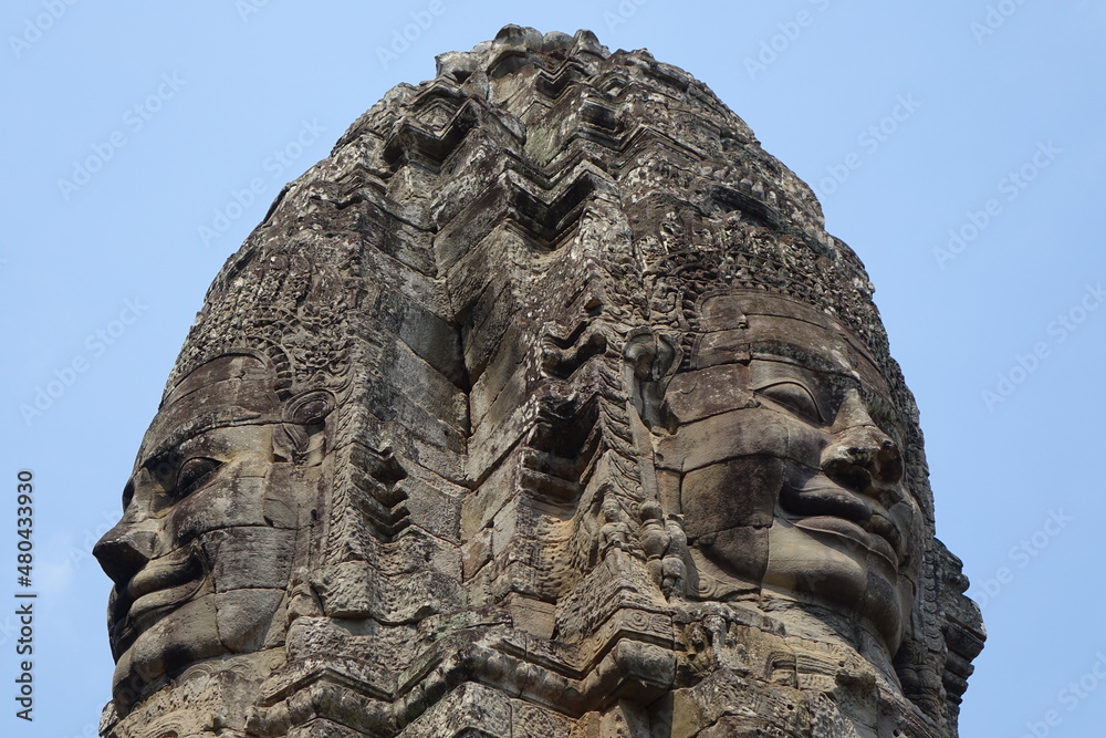 Massive stone relief in the impressive Khmer ruin city Angkor Thom (horizontal image), Siem Reap, Cambodia