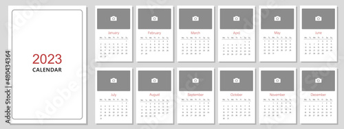 Calendar template for the year 2023. A place for a photo. A set of pages for 12 months of 2023. Vector illustration. The week starts on Monday.