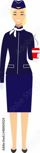 Flat cute cartoon stewardess of aircraft characters in air uniform.