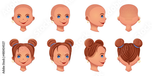 Face of a young pretty woman from different angles and with different hairstyles. Girl faces icons set. Vector illustration