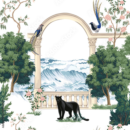 Park green trees, sea waves, arch, panther animals, birds, roses flower seamless pattern white background. Italian botanical landscape wallpaper.