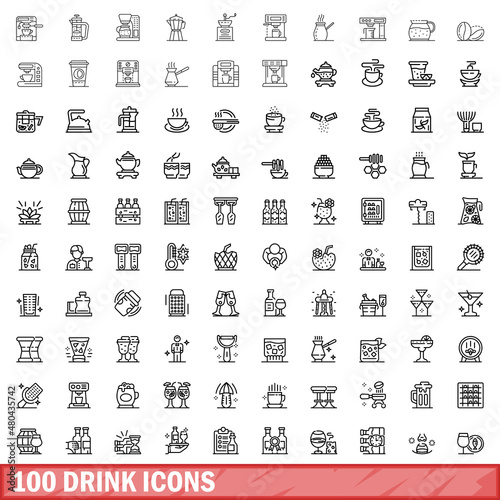 100 drink icons set, outline style