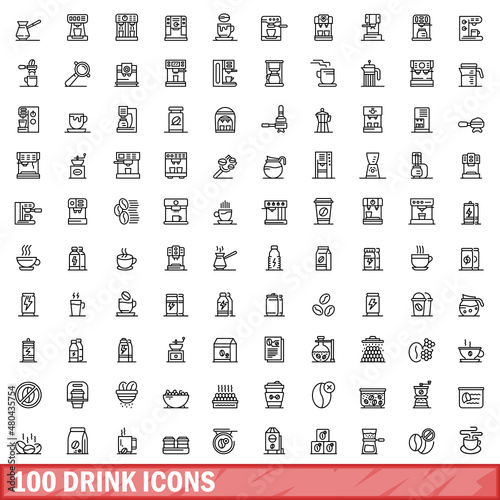 100 drink icons set, outline style