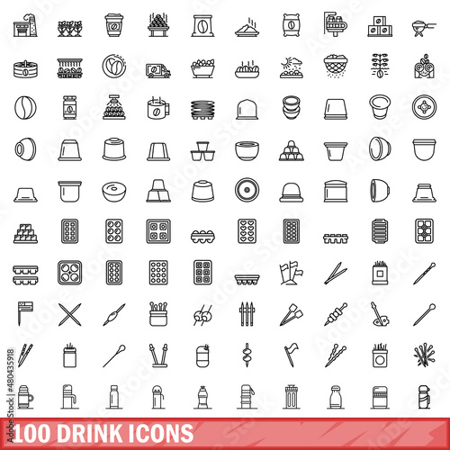 100 drink icons set, outline style