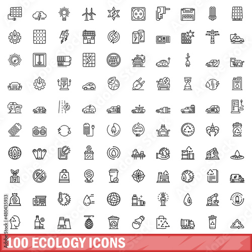 100 ecology icons set, outline style