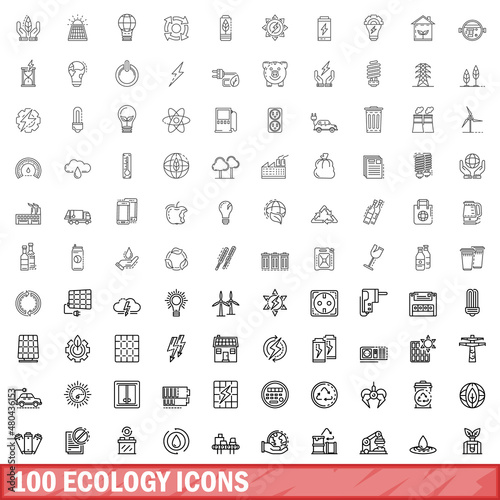 100 ecology icons set, outline style