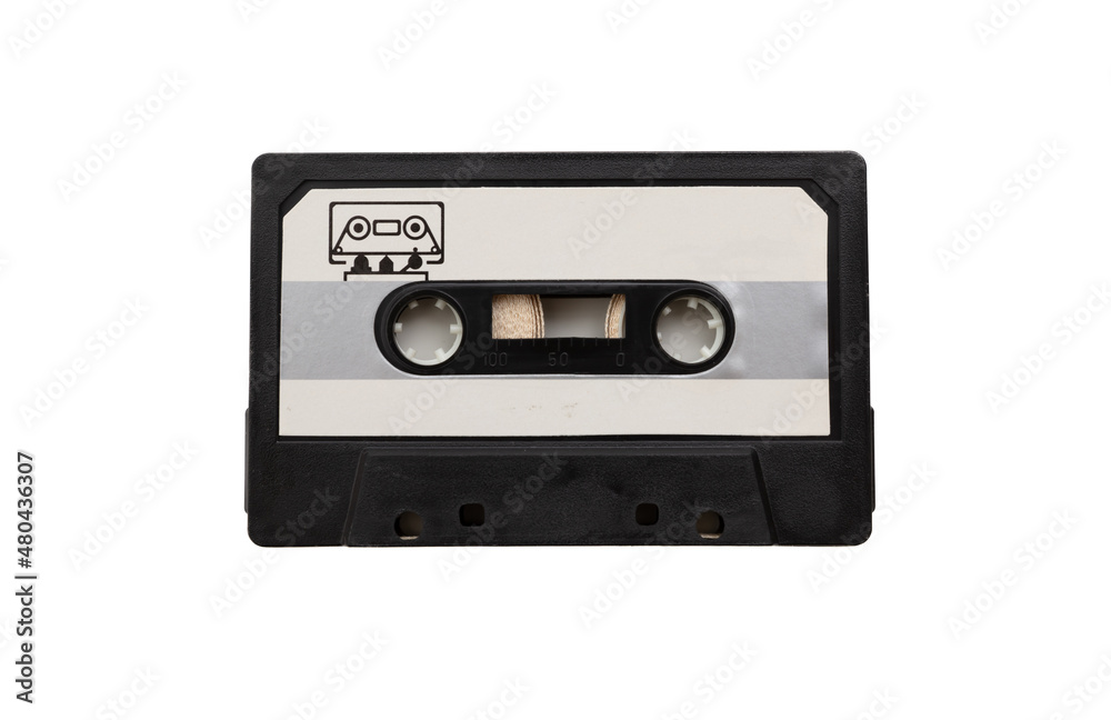 Cassette tape audio isolated on white background. Retro music and sound