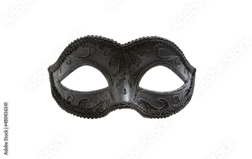 Black carnival mask with ornament isolated on a white background.