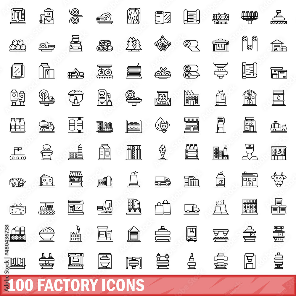 Fototapeta premium 100 factory icons set, outline style