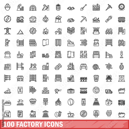 100 factory icons set, outline style