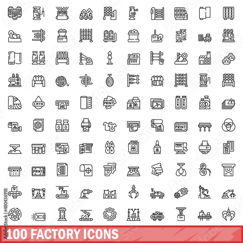 100 factory icons set, outline style