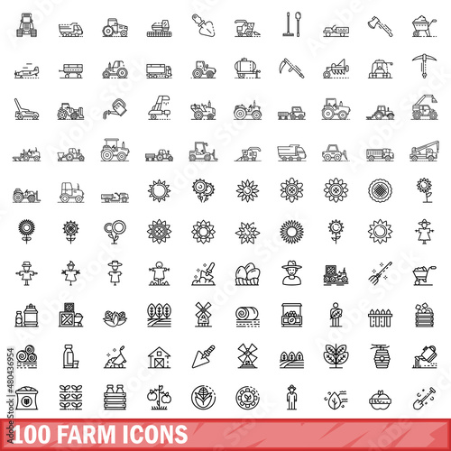 100 farm icons set, outline style